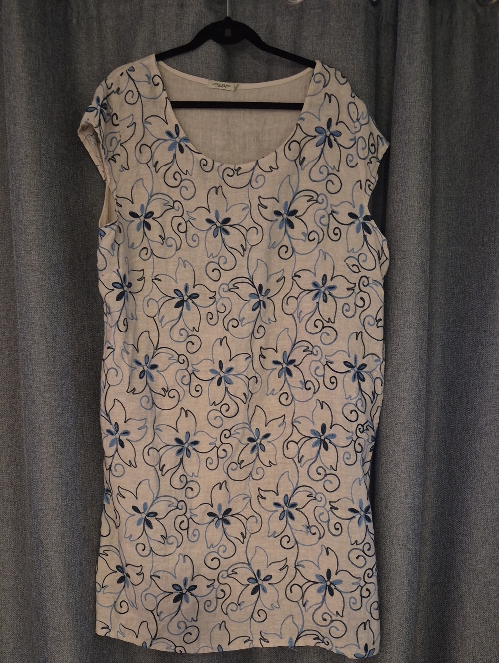 Women's Floral Shift Dress - Blue on Cream Linen